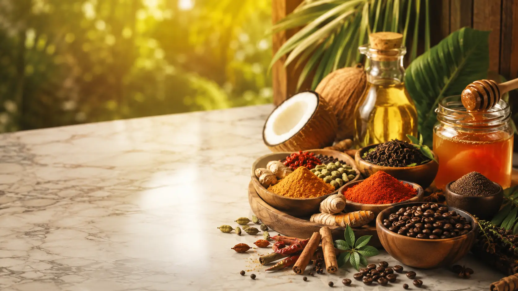 Premium Kerala spices — green cardamom, black pepper, cinnamon, star anise, fresh coconut, and cold-pressed coconut oil
